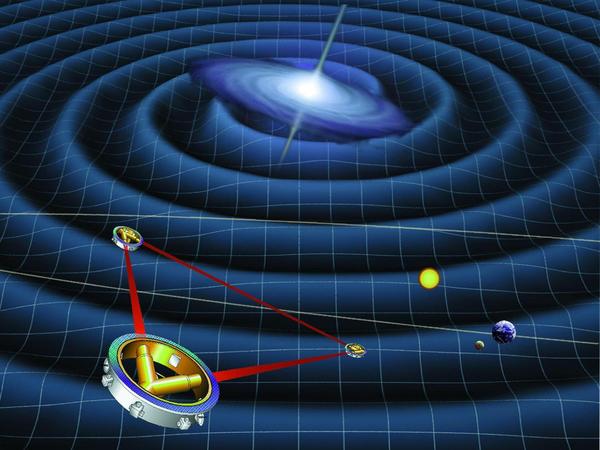 The LISA spacecraft, in orbit around the Sun, with the Earth and Moon in view. Far in the distance (not to scale, hopefully) is an astrophysical event giving off powerful gravitational waves.